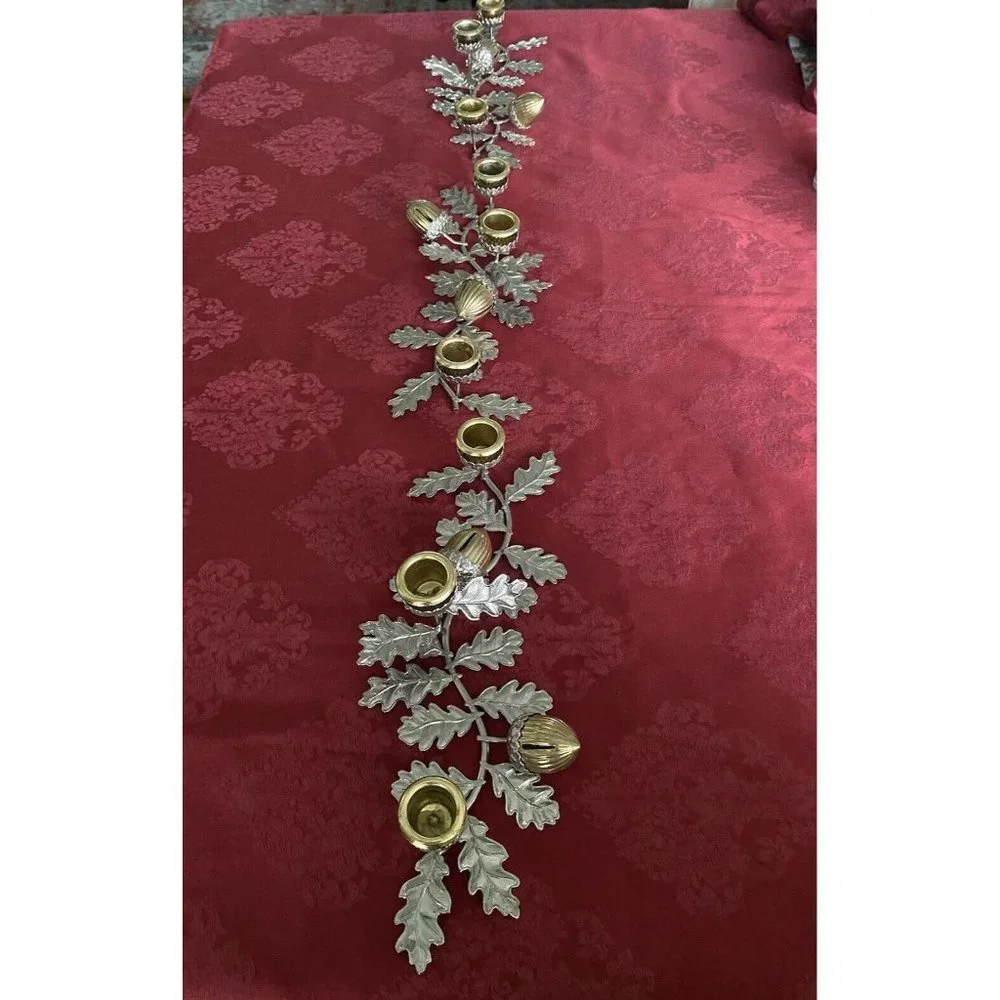 Silver‎ & Gold Tone Horizontal Candlestick Stick Holder Leaf w Hazelnut Design